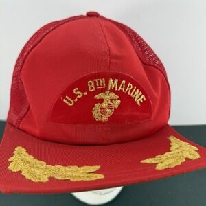 VTG 80s US 8th Marine Patch Trucker Hat Wheat Embroidered Snapback Military Cap